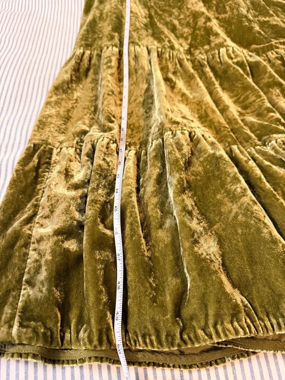 Anthropologie Olive Green Empire Waist Velvet Tiered  Maxi Dress 10 - Picture 8 of 16